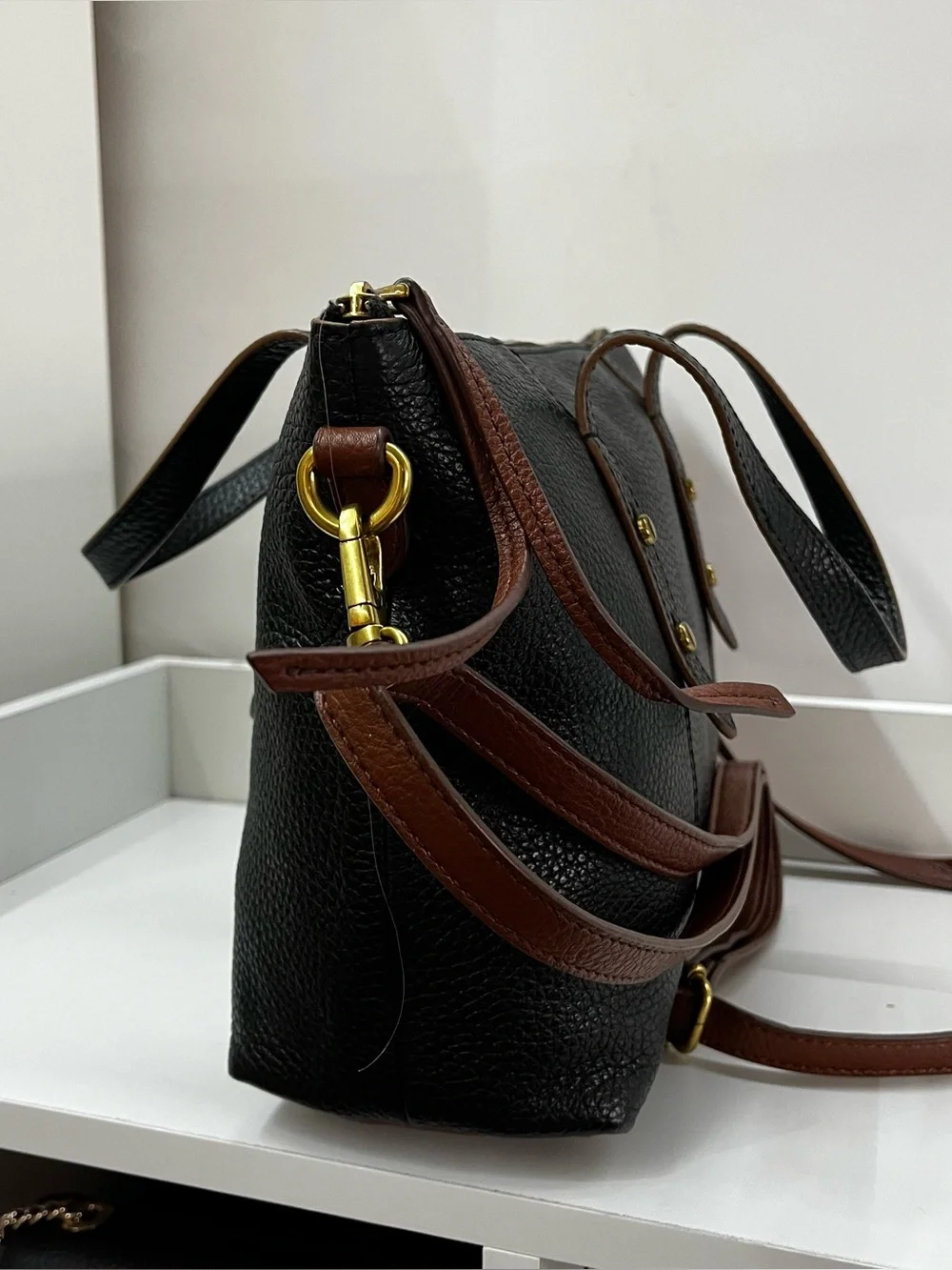 FOSSIL Black Brown Sydney Ryder Satchel Tote Crossbody Handbag Bag